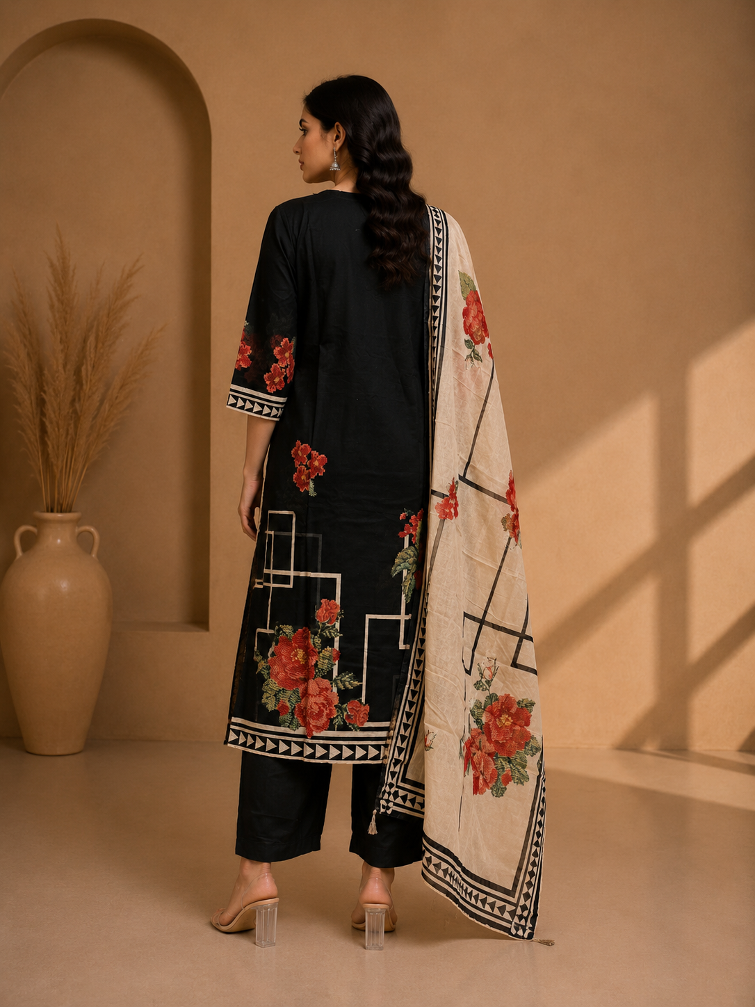 Black Floral Printed Cotton Kurta Set with Dupatta