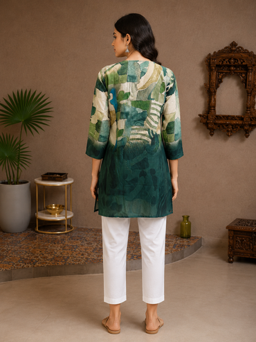 Forest Green Abstract Print Silk Long Top