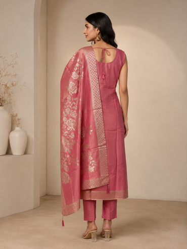 Rose Pink Silk Designer Suit Set with Embroidered Dupatta