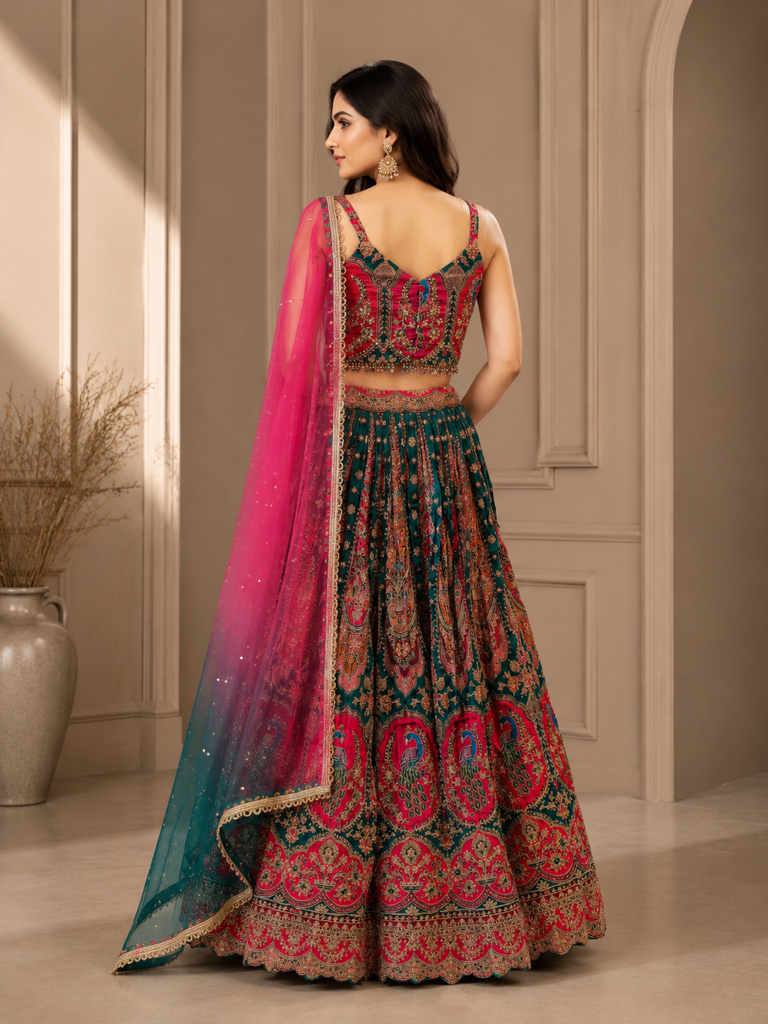 Teal & Pink Embroidered Silk Lehenga Set with Net Dupatta