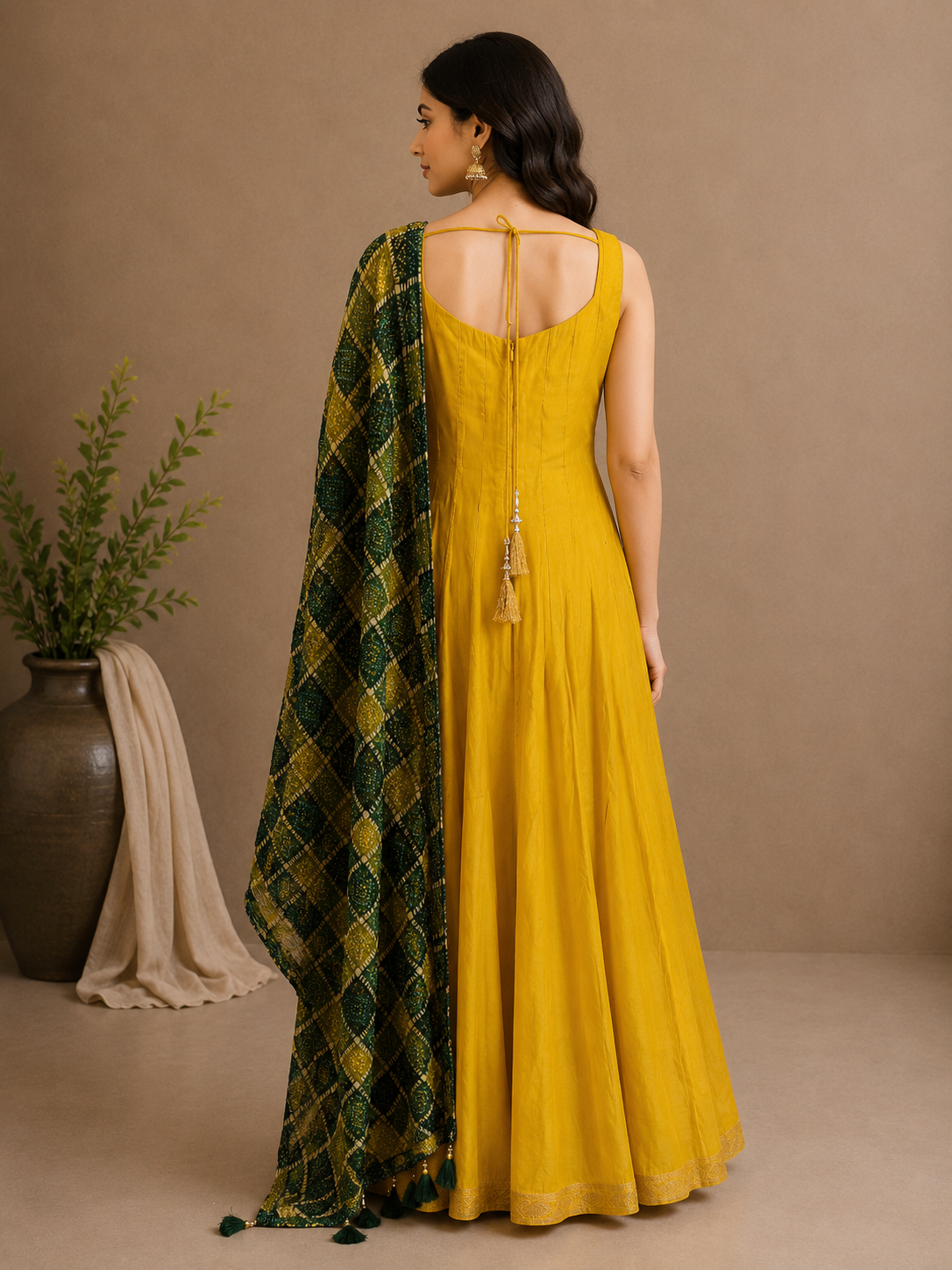 Mustard Yellow Vichitra Silk Anarkali with Printed Dupatta