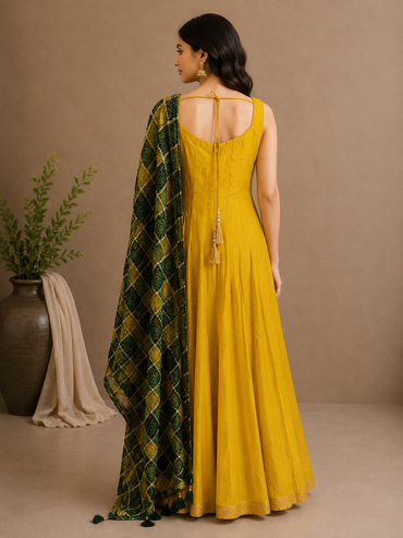 Mustard Yellow Vichitra Silk Anarkali with Printed Dupatta