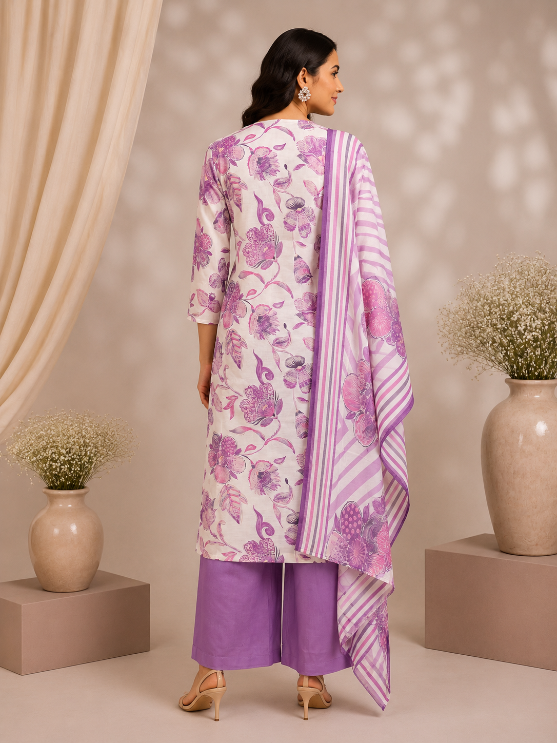 Lavender Floral Muslin Silk Printed Kurta Set with Dupatta