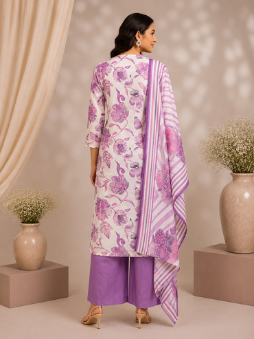 Lavender Floral Muslin Silk Printed Kurta Set with Dupatta