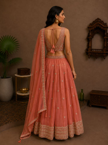 Peach Rose Tissue Silk Embroidered Lehenga Set