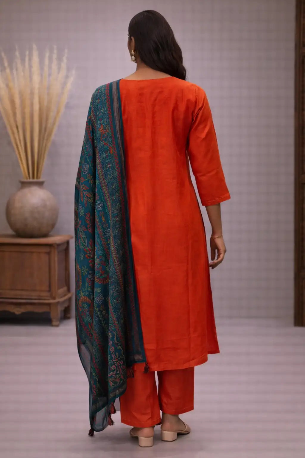 Rust Orange Embroidered Kurta Set with Printed Dupatta