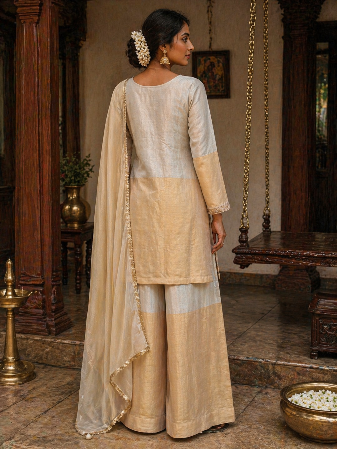 Ivory Gold Silk Kurta Set with Palazzo & Dupatta | Elegant Wedding & Festive Wear