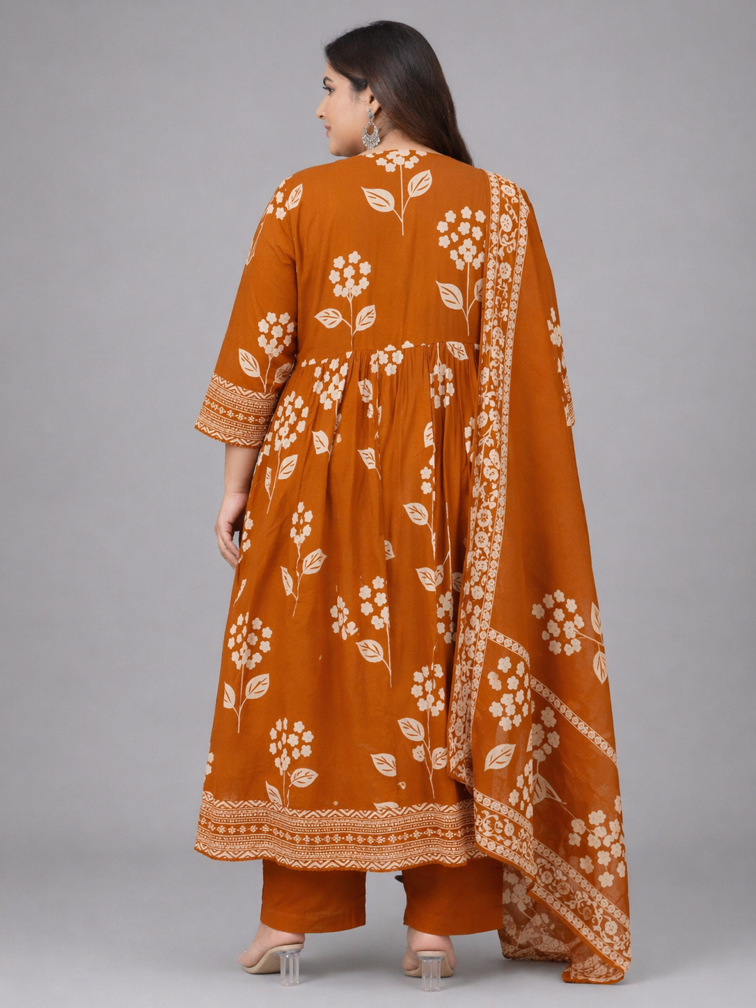 Rust Orange Floral Printed Cotton Kurta Set with Dupatta (Plus Size Friendly)