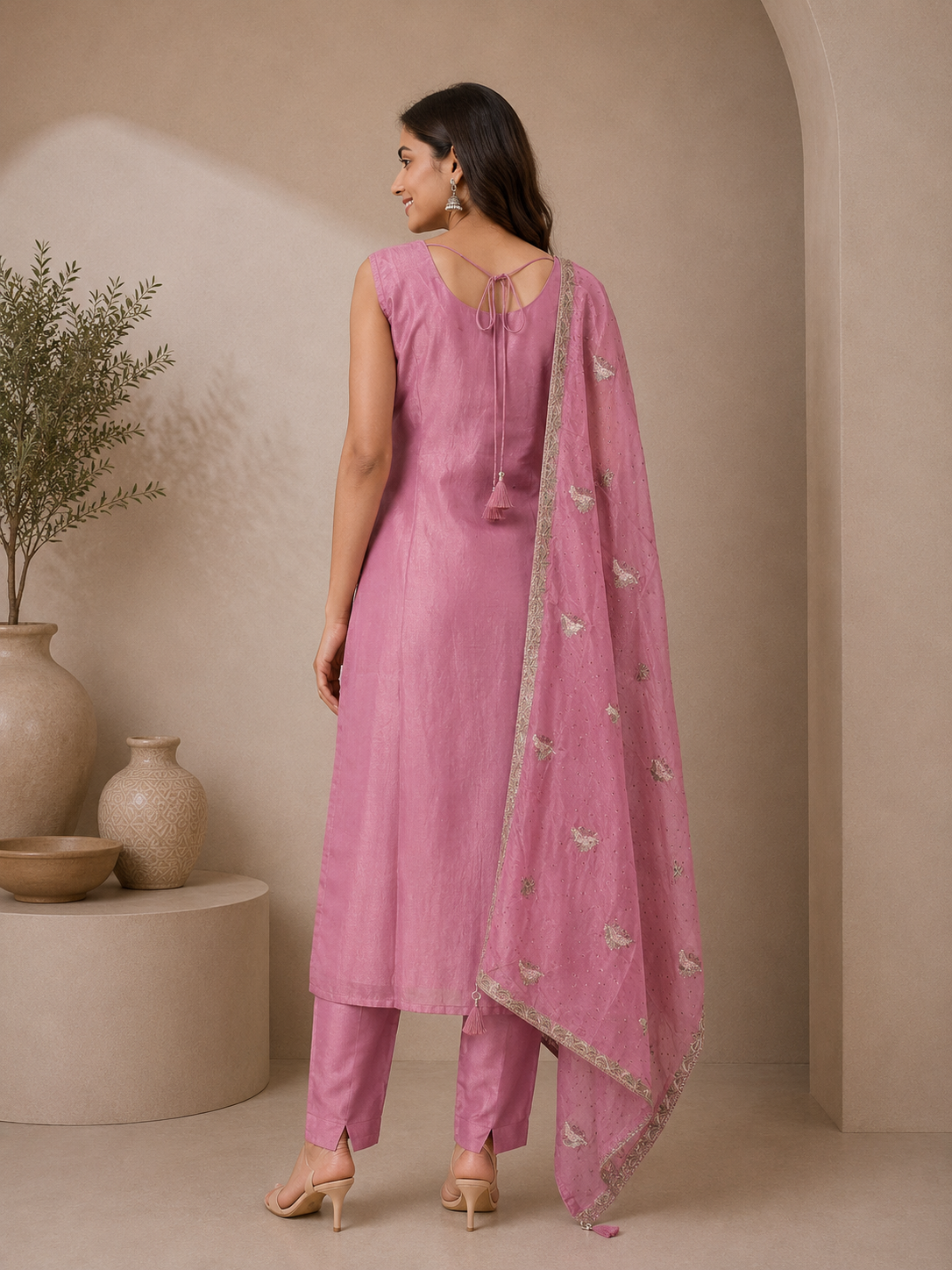 Dusty Pink Tissue Silk Embroidered Suit Set with Designer Dupatta