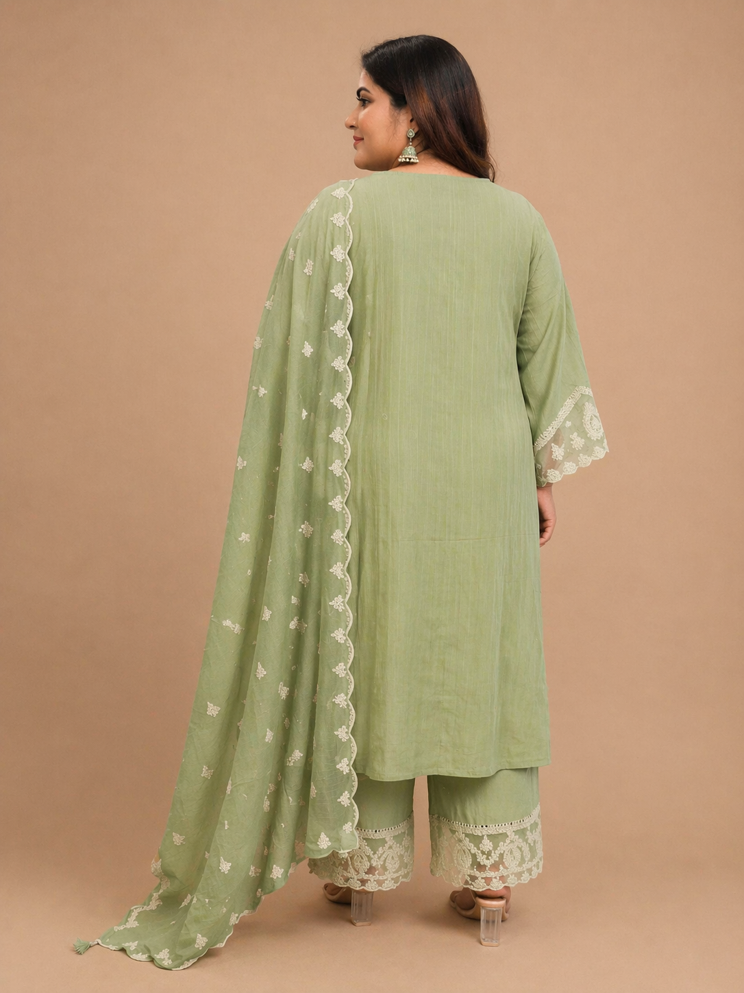 Women's Sage Green Mul Cotton Embroidered Kurta Pant Set with Dupatta
