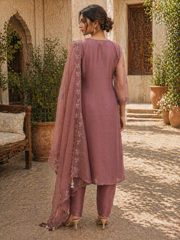 Dusty Rose Tissue Silk Embroidered Kurta Set with Sheer Dupatta