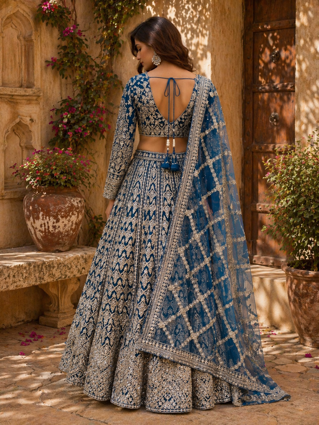 Royal Blue Heavily Embroidered Bridal Lehenga Set with Net Dupatta