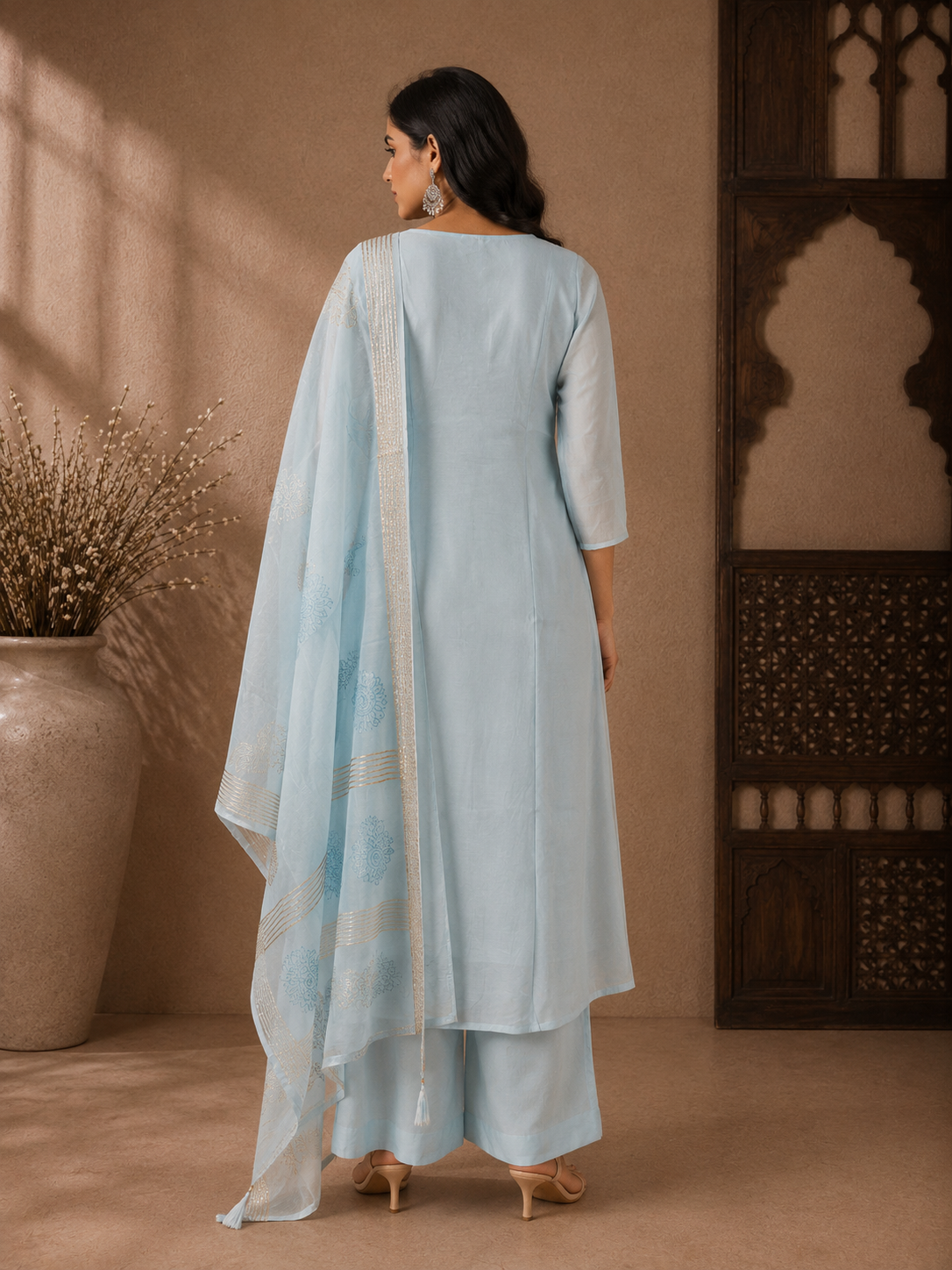 Elegant Sky Blue Mul Chanderi Straight Suit Set with Embroidered Dupatta