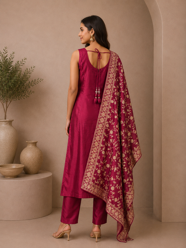 Magenta Brocade Silk Designer Suit Set with Golden Zari Embroidery & Matching Dupatta