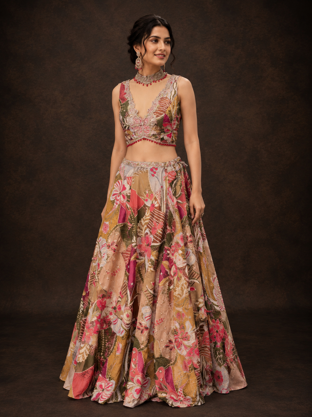 Multi Color Silk Designer Lehenga Choli with Floral Print & Embroidered Detailing