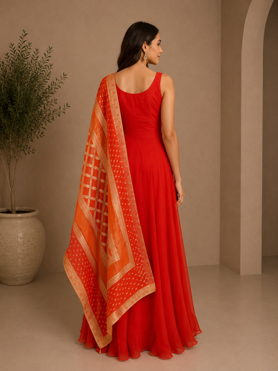 Orange Geogrette Designer Anarkali Gown with Embroidered Dupatta