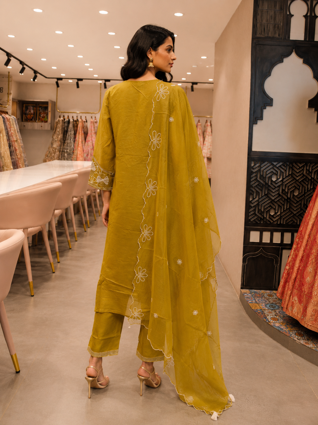 Olive Green Mul Chanderi Embroidered Kurta Set