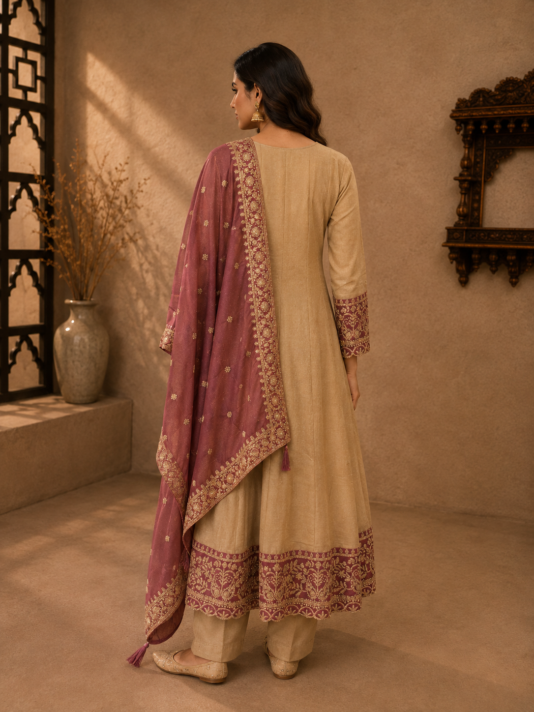 Beige & Mauve Vichitra Silk Embroidered Kurta Set with Dupatta