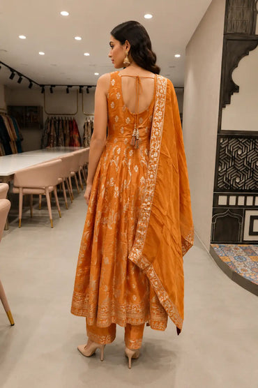 Mustard Orange Anarkali Suit Set with Embroidered Dupatta