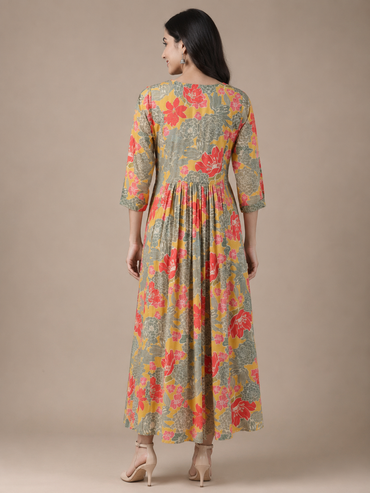 Mustard Floral Imported Lycra A-Line Maxi Dress