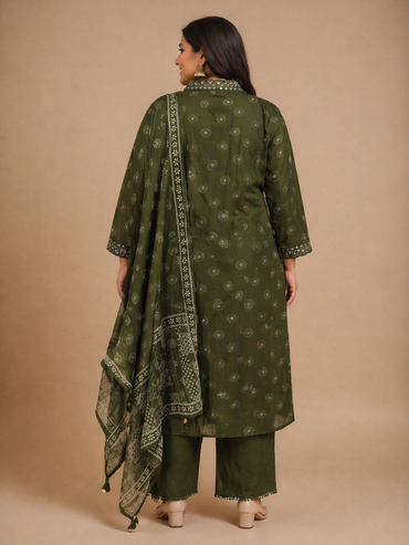 Olive Green Printed Cotton Kurta Set with Dupatta (Plus Size Friendly)