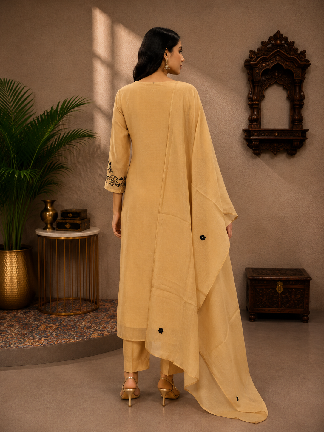 Women's Beige Mul Chanderi Embroidered Kurta Pant Set with Dupatta