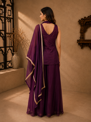 Royal Purple Silk Embroidered Sleeveless Kurta Set with Palazzo & Dupatta
