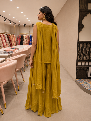 Mustard Yellow Silk Embroidered Short Kurta Set with Flared Palazzo & Dupatta