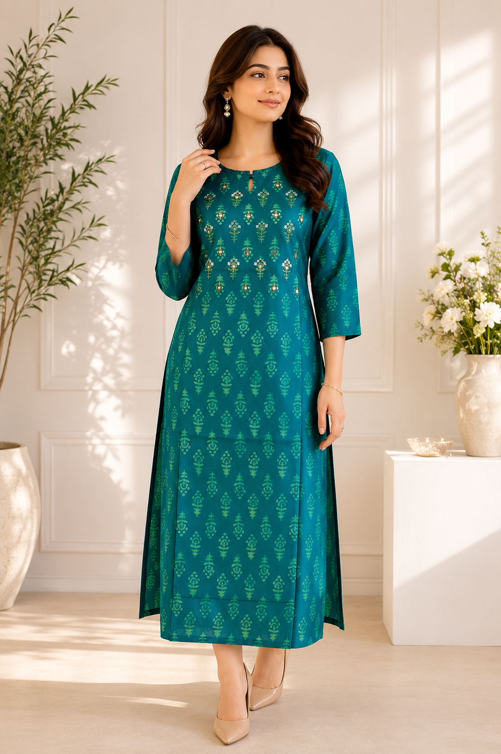 Emerald Green Muslin Silk Printed A-Line Dress for Women – Rithika Suits