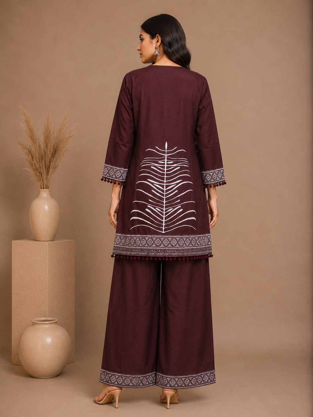 Wine Embroidered Rayon Kurta Set with Palazzo Pants