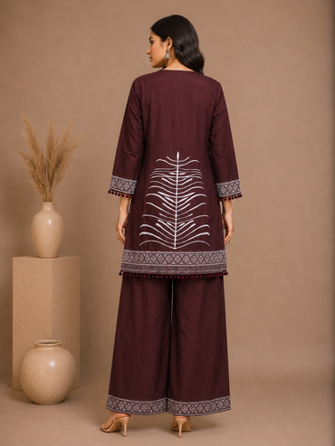 Wine Embroidered Rayon Kurta Set with Palazzo Pants
