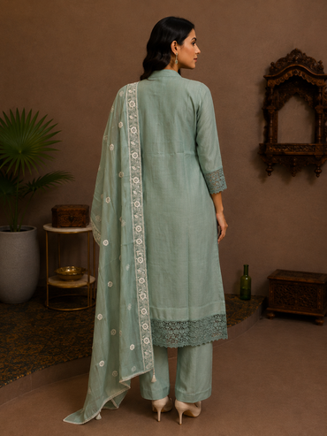 Sage Green Chinon Silk Embroidered Suit Set