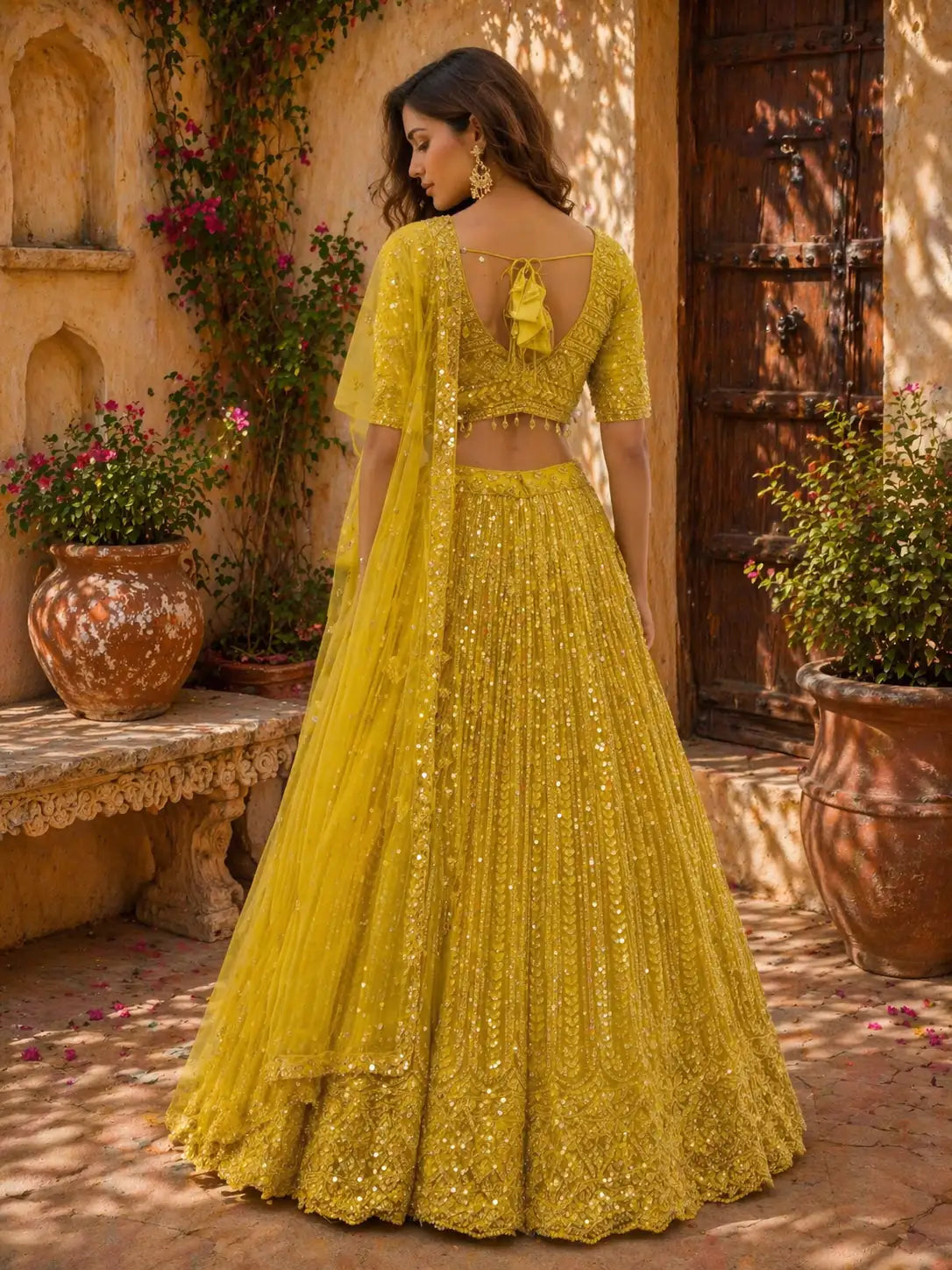 Yellow Embroidered Net Lehenga Set