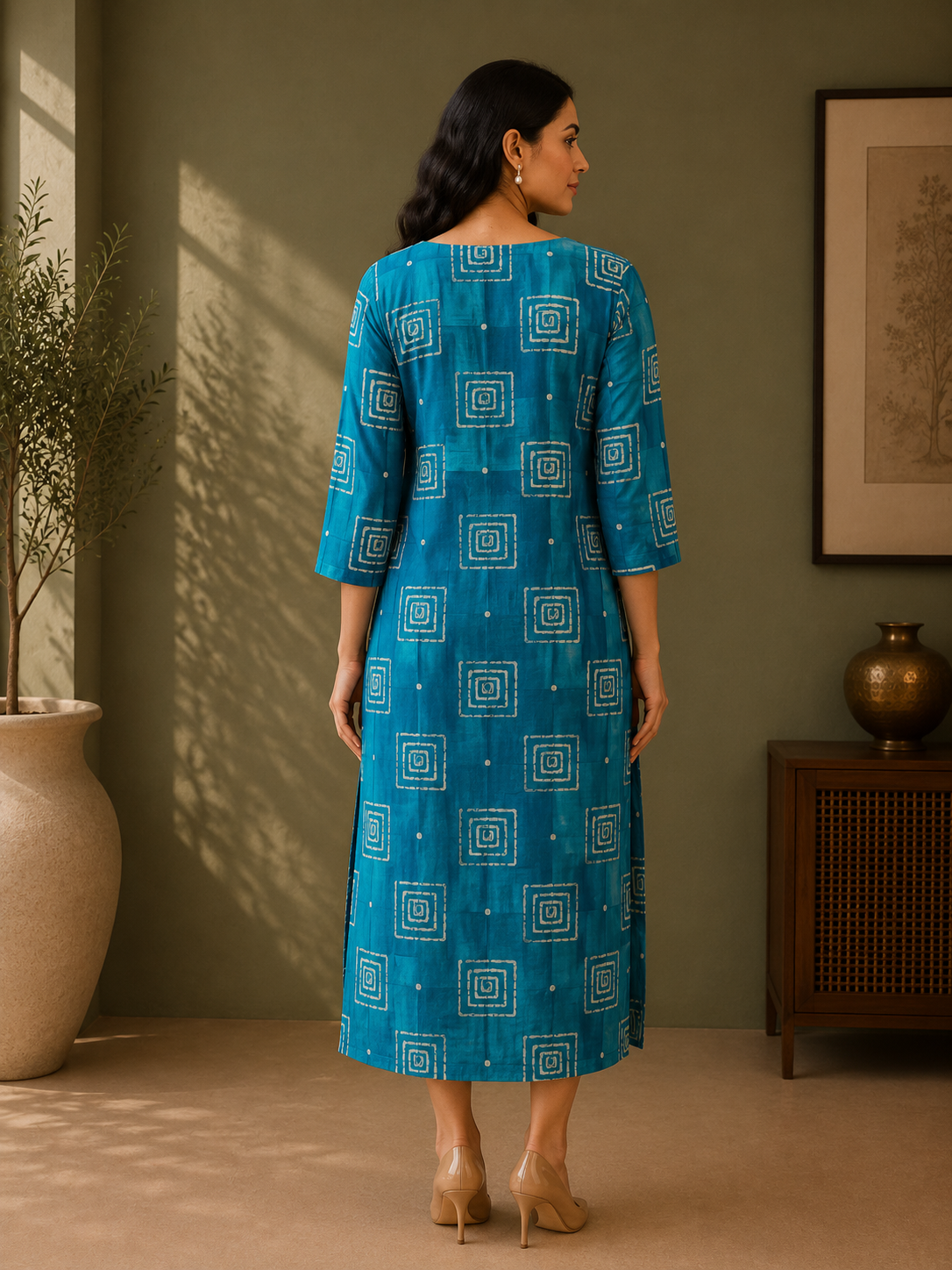 Teal Blue Muslin Silk Geometric Printed A-Line Dress for Women