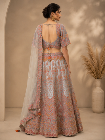 Grey Silk Designer Lehenga Choli with Heavy Traditional Embroidery & Net Dupatta
