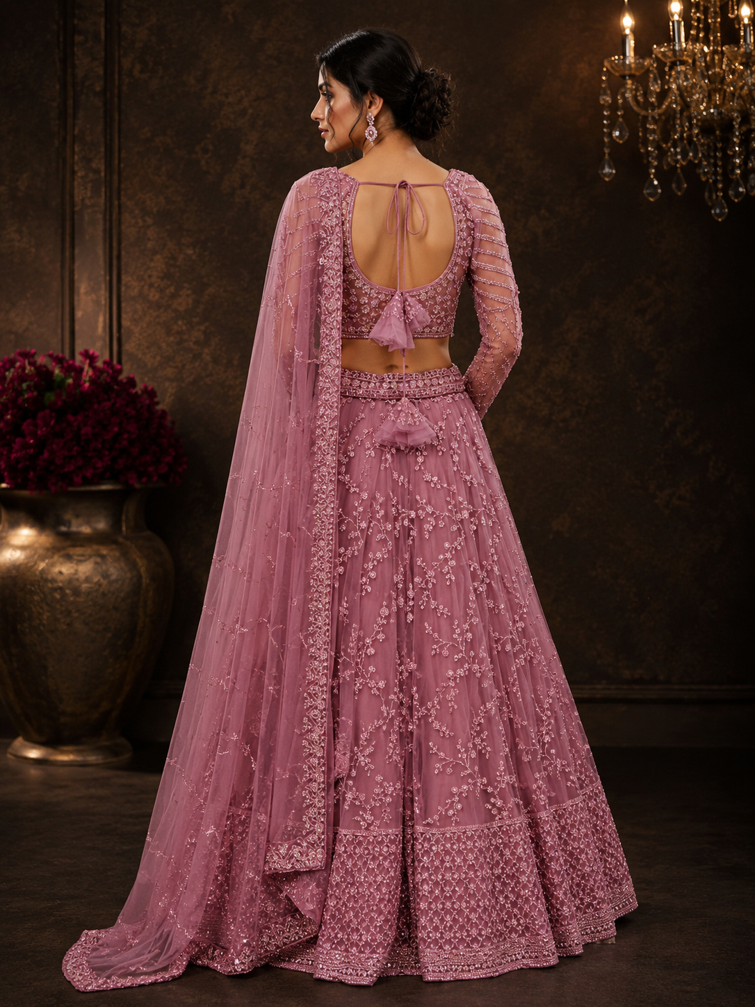 Dusty Pink Silk Designer Lehenga Choli with Heavy Embroidery & Net Dupatta
