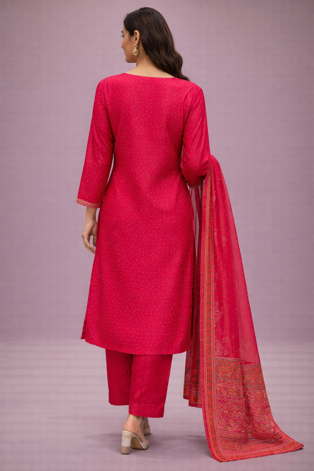 Rani Pink Silk Printed Kurta Pant Set with Dupatta