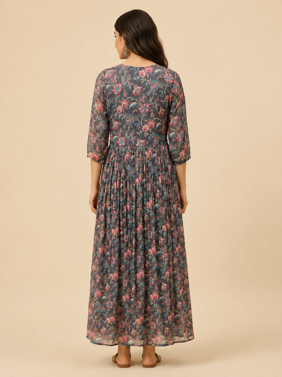 Charcoal Grey Imported Lycra Floral Tiered Maxi Dress
