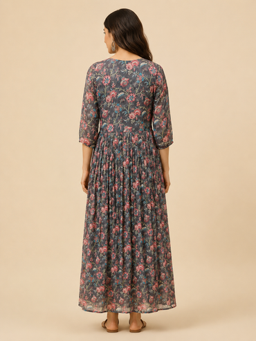 Charcoal Grey Imported Lycra Floral Tiered Maxi Dress