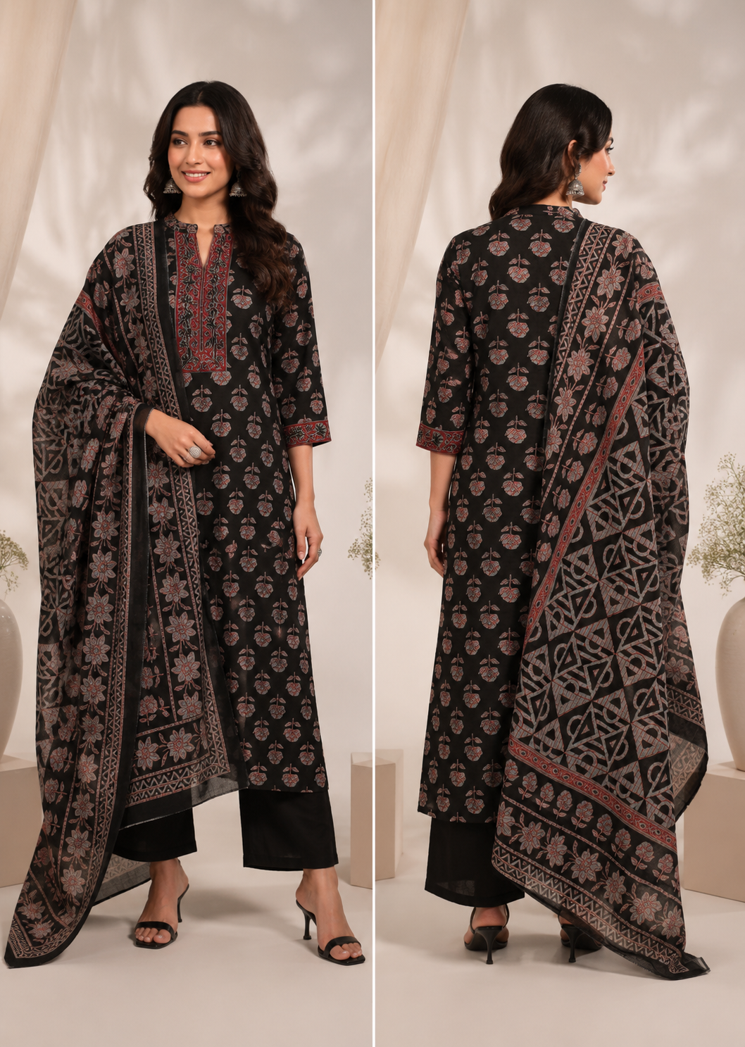 Black Cotton Printed Kurta Set with Dupatta