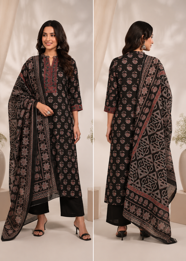 Black Cotton Printed Kurta Set with Dupatta