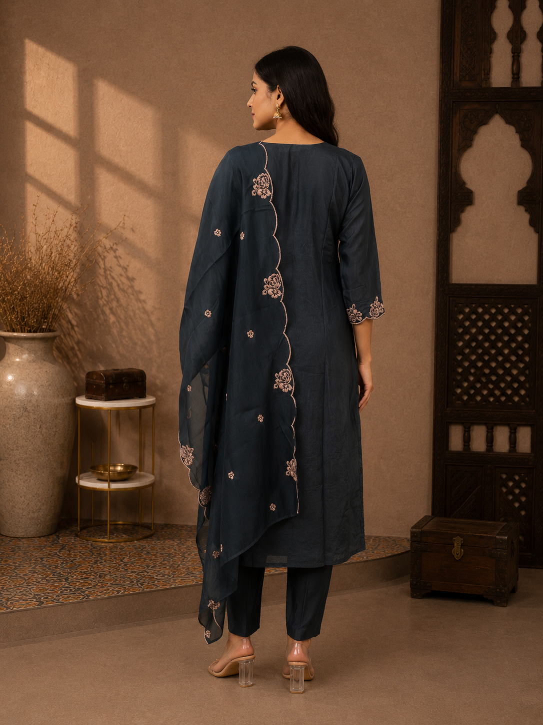 Premium Mul Chanderi Embroidered Anarkali Suit Set with Embroidered Dupatta – Slate Blue