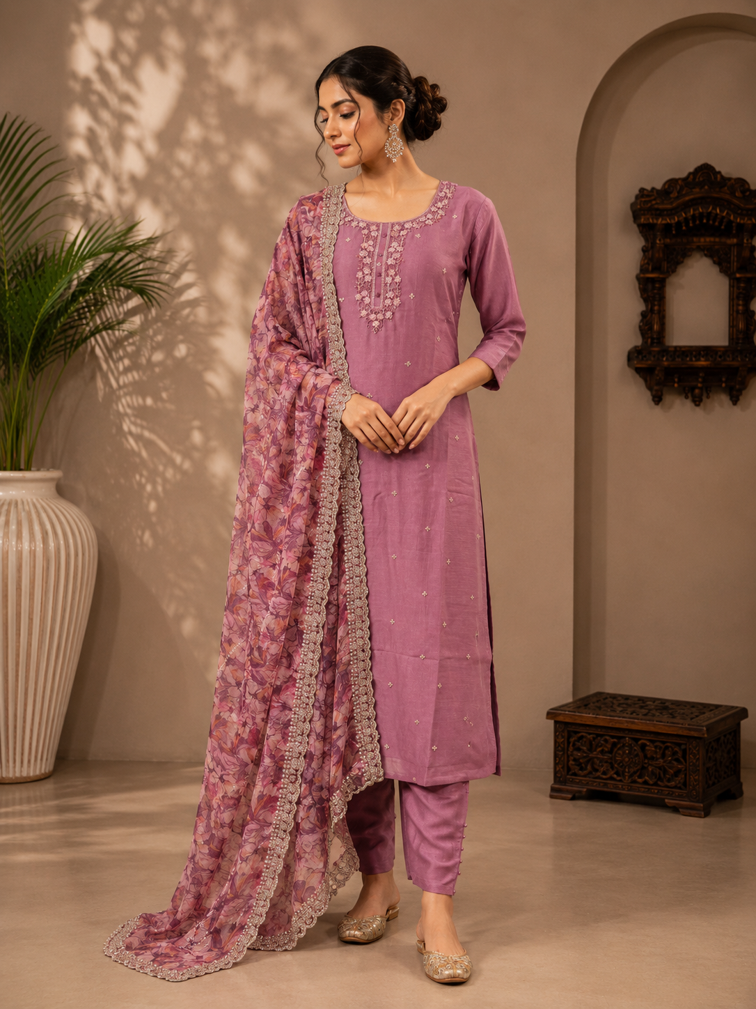 Mauve Pink Vichitra Silk Straight Suit Set with Floral Printed Dupatta
