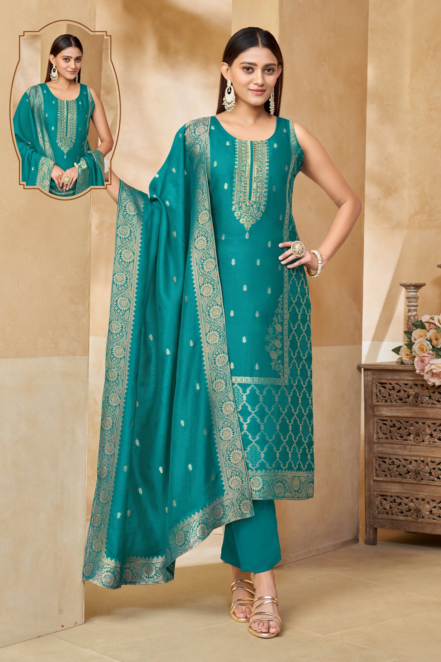 Teal Green Banaras Woven Suit Set