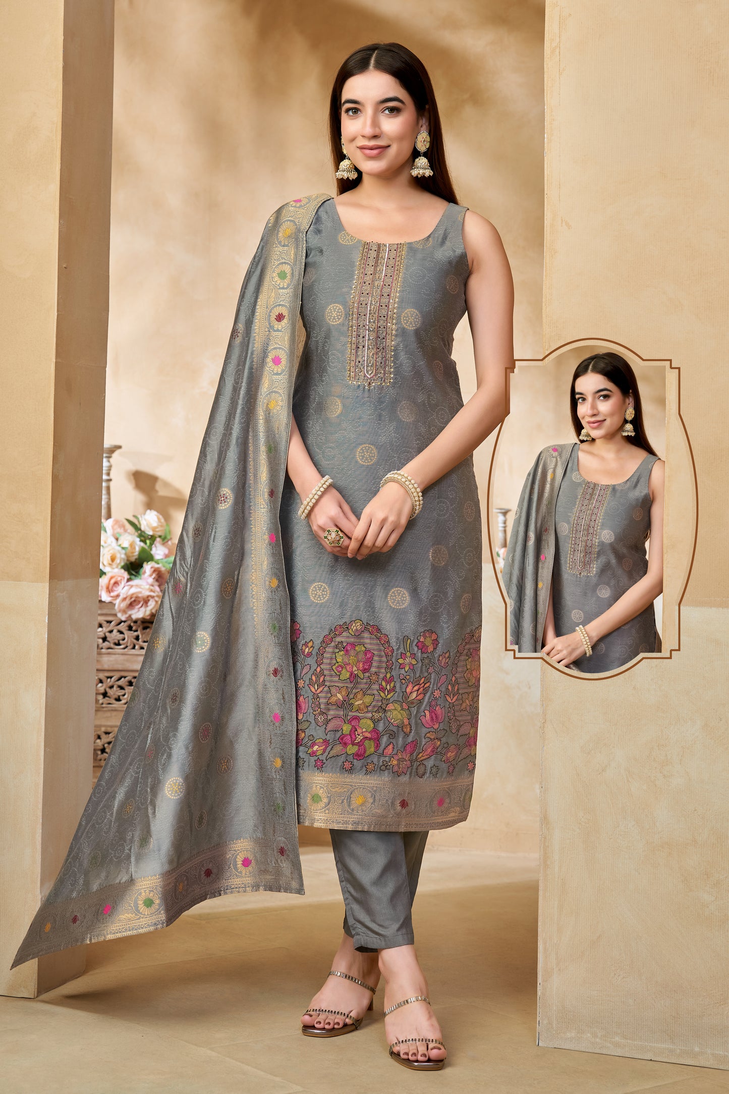 Slate Grey Silk Floral Woven Suit Set