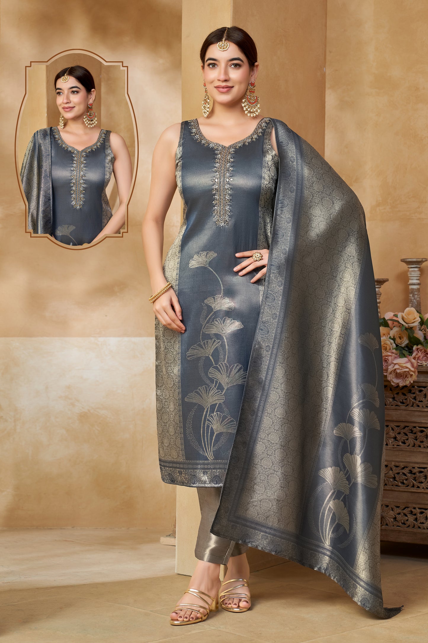 Steel Grey Silk Woven Suit Set with Floral Motifs