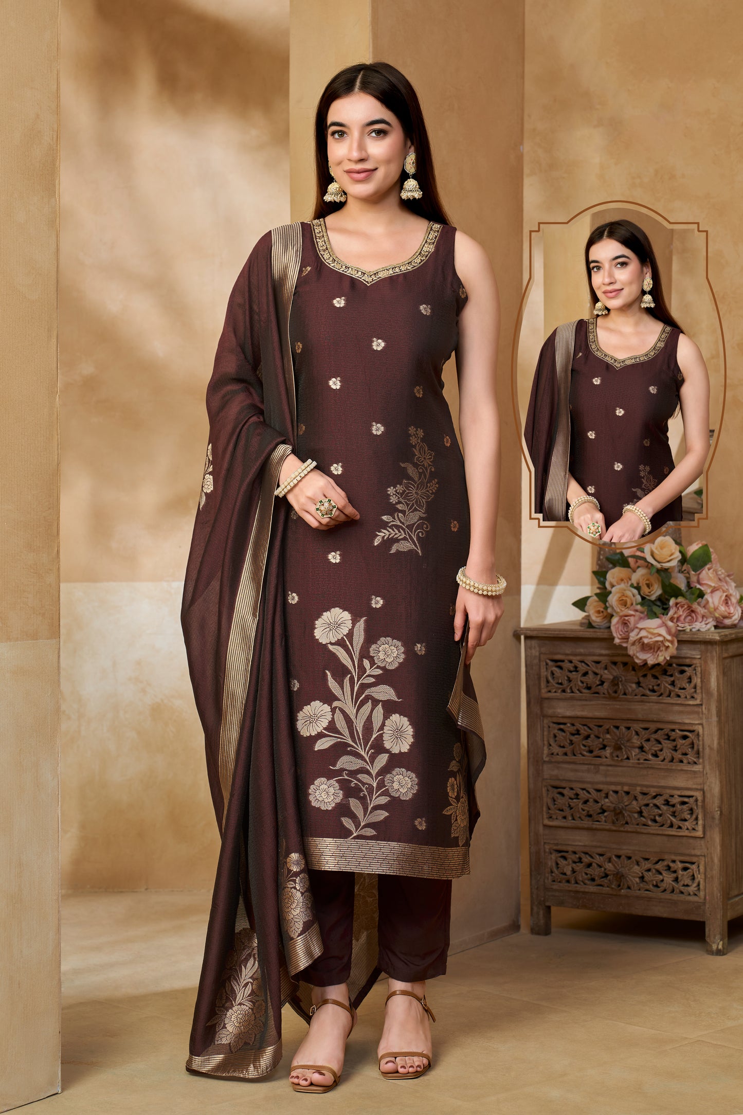 Espresso Brown Silk Floral Woven Suit Set