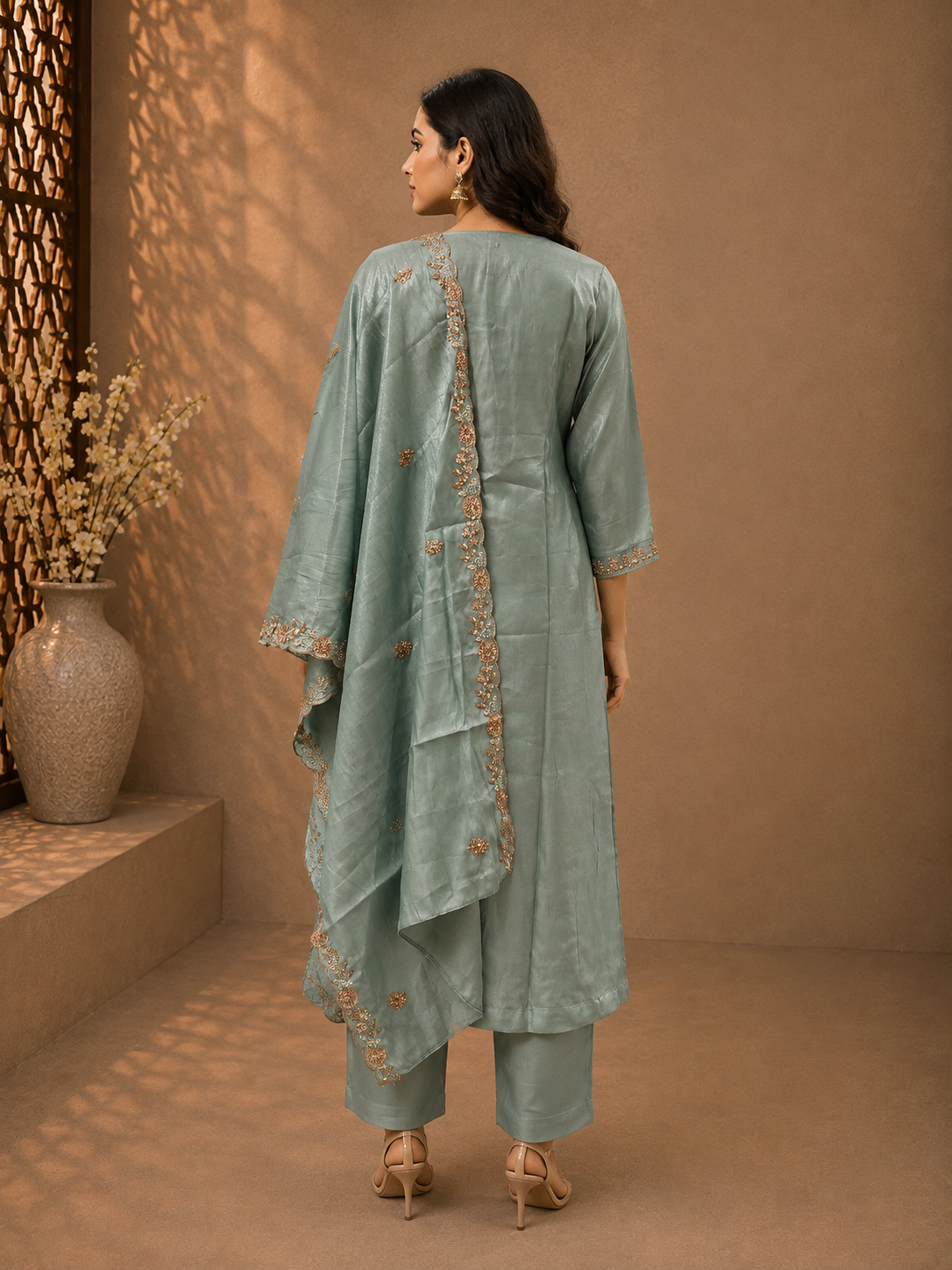 Sea Green Soft Silk Embroidered Kurta Set with Dupatta