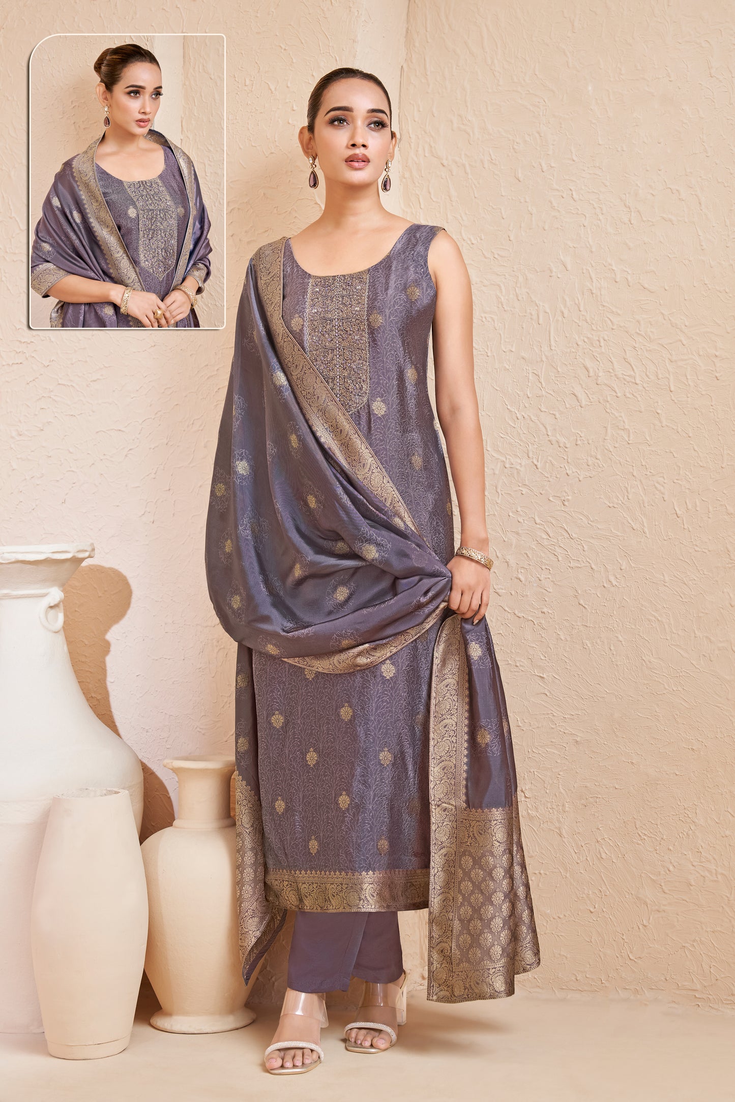 Smoky Mauve Silk Woven Suit Set