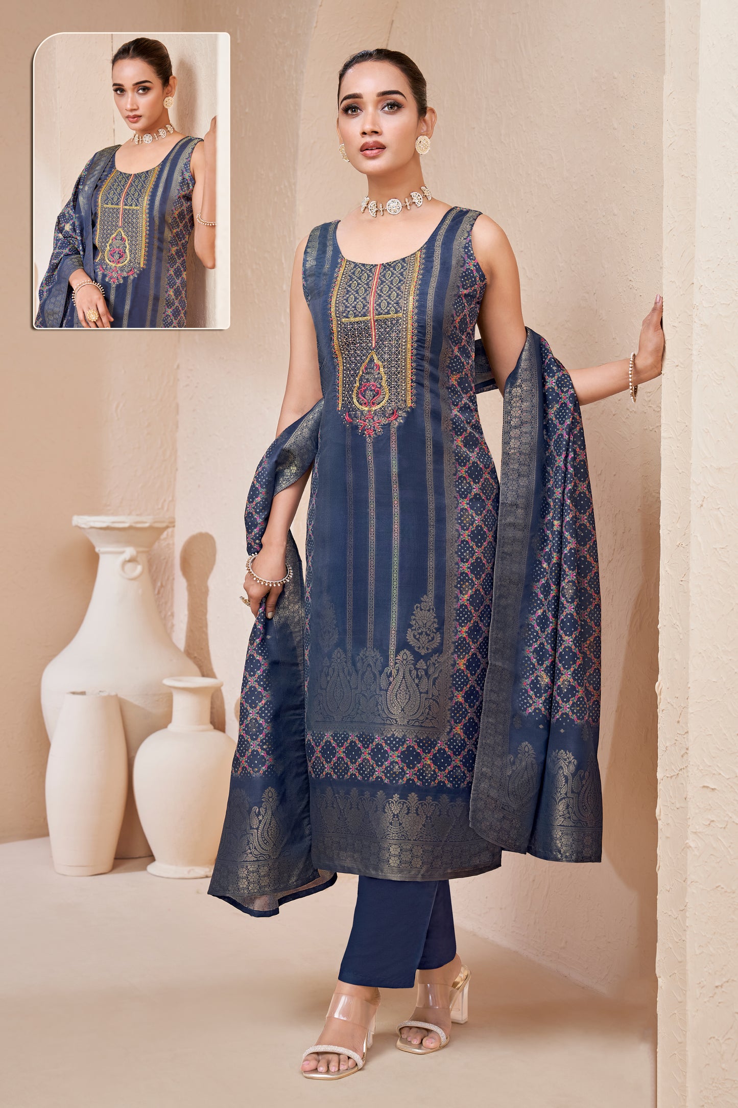 Midnight Navy Silk Woven Suit Set